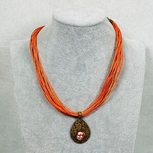 Coldwater Creek Necklace Orange Beaded Floral Etched Pendant Gold Tone 20"